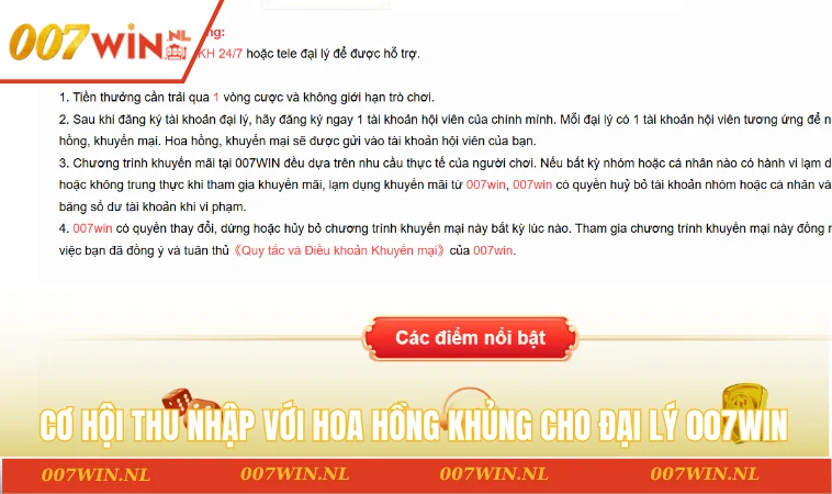 Cơ hội thu nhập với hoa hồng khủng cho đại lý 007WIN