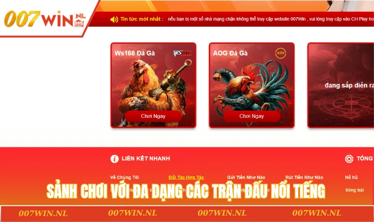 Đá gà 007WIN 1 Sảnh chơi với đa dạng các trận đấu nổi tiếng